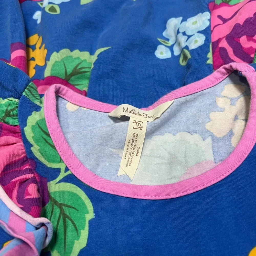Matilda Jane Girls Blue Floral Ruffle Pocket Dress Size 10 Pink Rose Polka Dot
